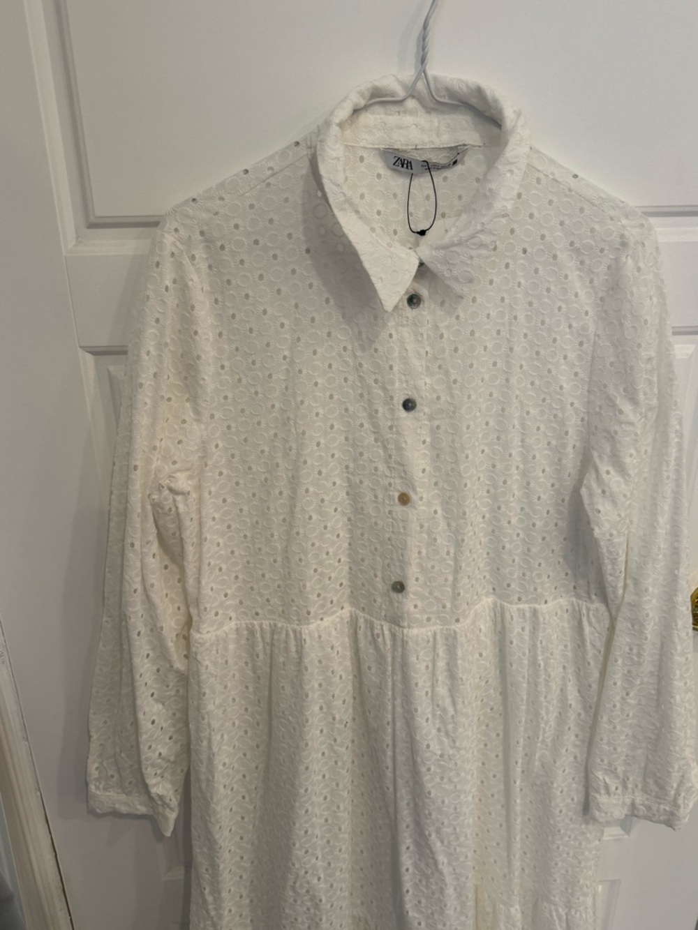 NEW Zara Cutwork Embroidered Midi Dress long sleeves collared boho chic street L - Picture 5 of 9